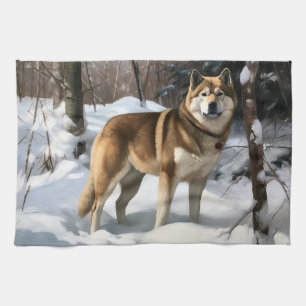 Akita Let It Snow Christmas  Tea Towel
