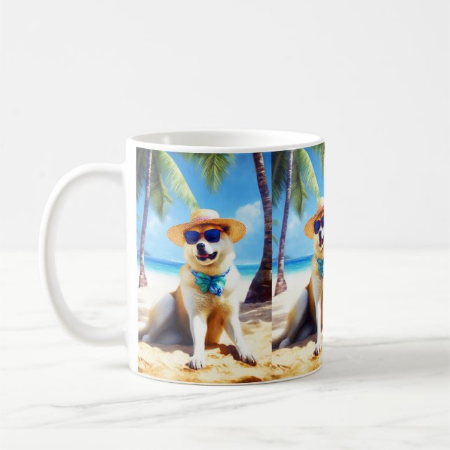 Akita on Beach, summer gift for dog lovers Gift Ta Coffee Mug (Left)