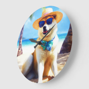 Akita on Beach, summer gift for dog lovers Gift Ta Large Clock