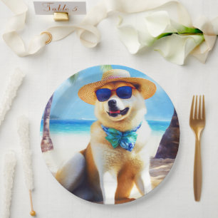 Akita on Beach, summer gift for dog lovers Gift Ta Paper Plate