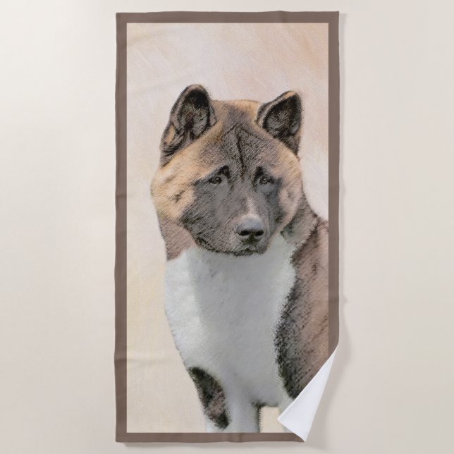 Akita Painting - Cute Original Dog Art Beach Towel (Front)