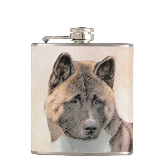 Akita Painting - Cute Original Dog Art Hip Flask (Front)