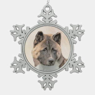 Akita Painting - Cute Original Dog Art Snowflake Pewter Christmas Ornament