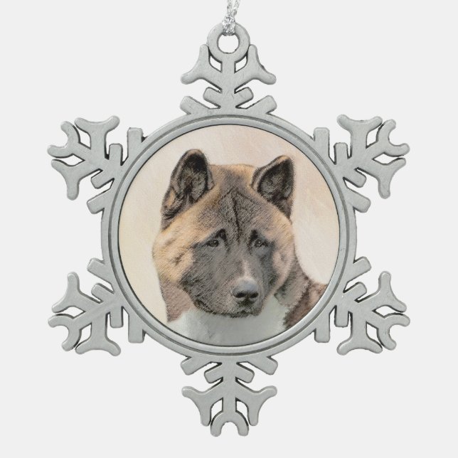 Akita Painting - Cute Original Dog Art Snowflake Pewter Christmas Ornament (Front)