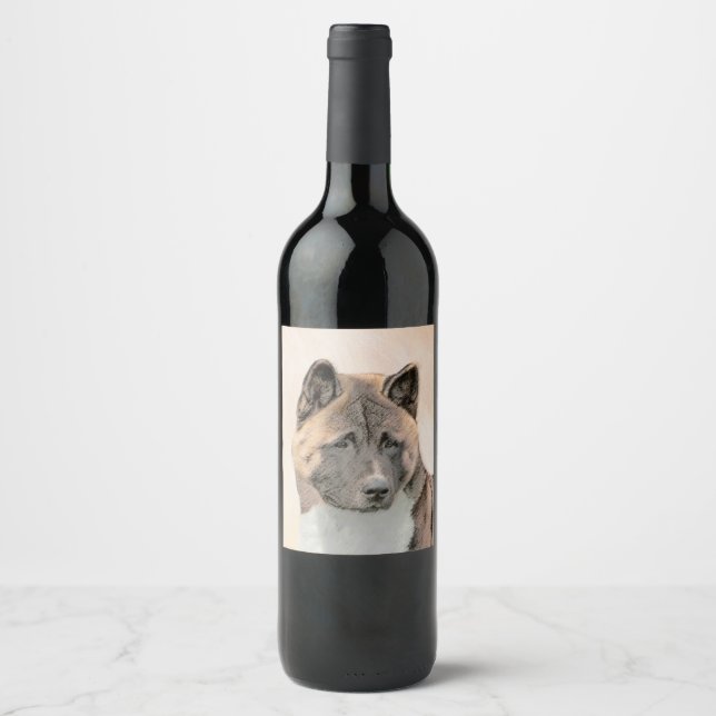 Akita Painting - Cute Original Dog Art Wine Label (Front)