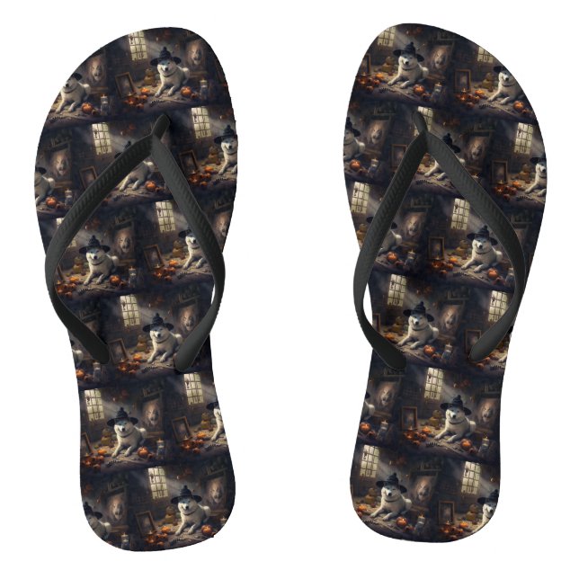 Akita Pumpkins Halloween Scary Flip Flops (Footbed)