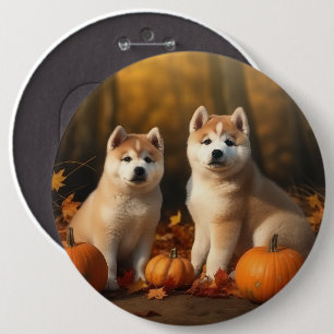 Akita Puppy Autumn Delight Pumpkin 6 Cm Round Badge