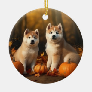 Akita Puppy Autumn Delight Pumpkin Ceramic Tree Decoration