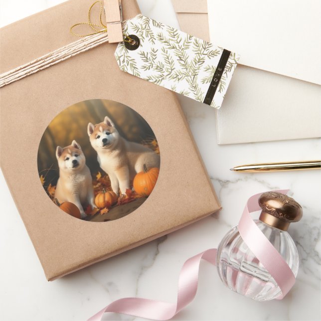 Akita Puppy Autumn Delight Pumpkin Classic Round Sticker (Gifting)