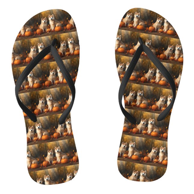 Akita Puppy Autumn Delight Pumpkin Flip Flops (Footbed)