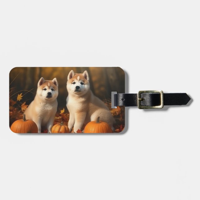 Akita Puppy Autumn Delight Pumpkin Luggage Tag (Front Horizontal)