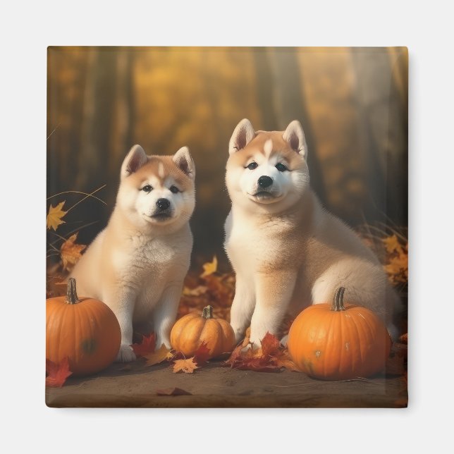 Akita Puppy Autumn Delight Pumpkin Magnet (Front)