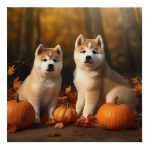 Akita Puppy Autumn Delight Pumpkin Poster