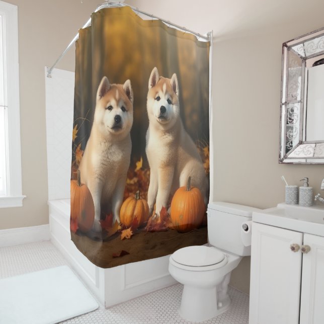 Akita Puppy Autumn Delight Pumpkin Shower Curtain (In Situ)