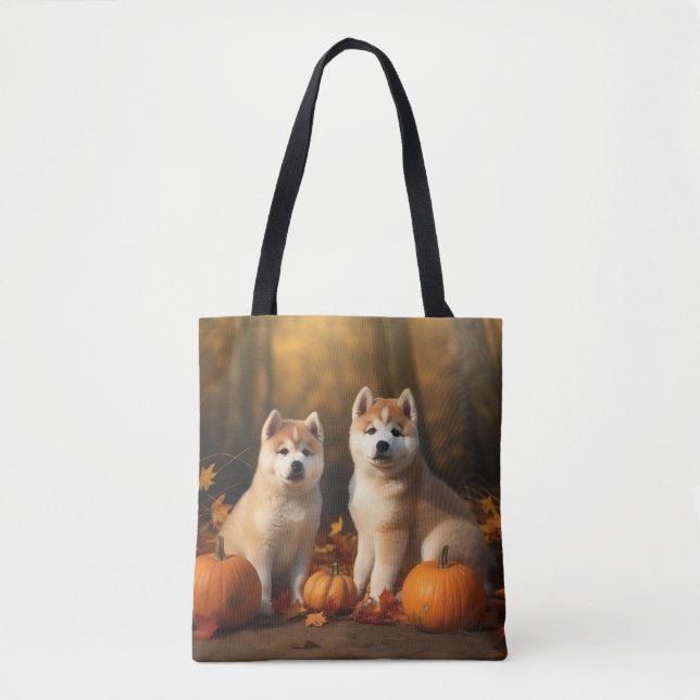 Akita Puppy Autumn Delight Pumpkin Tote Bag (Front)