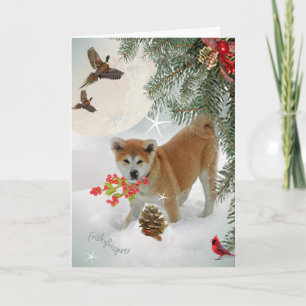 AKITA puppy playing in snow Holiday Card