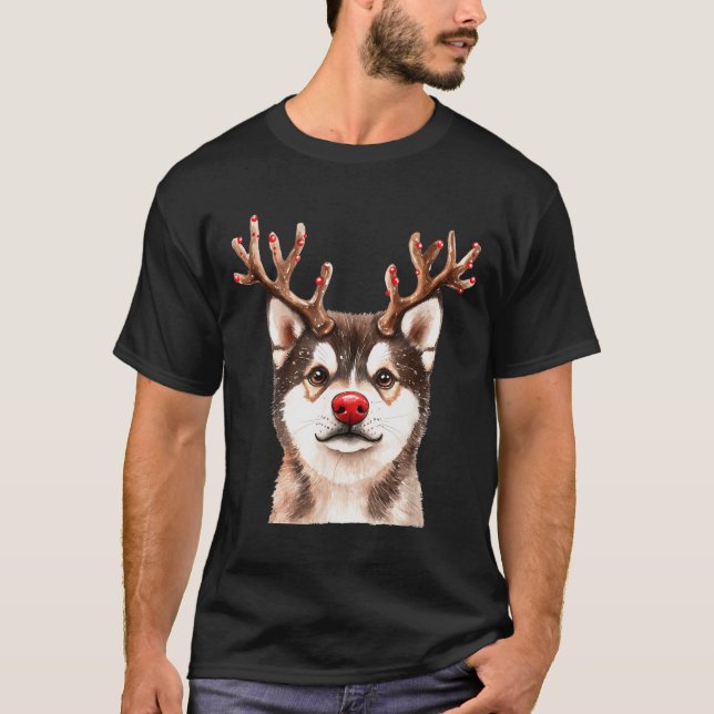 Akita Reindeer Christmas Lights Dog Lover Xmas Paj T-Shirt (Front)