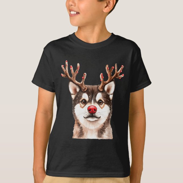 Akita Reindeer Christmas Lights Dog Lover Xmas Paj T-Shirt (Front)