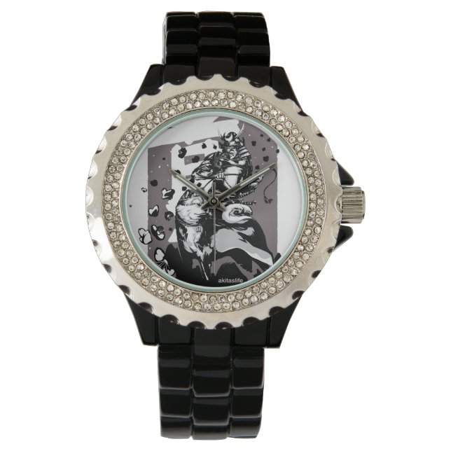 Akita Rhinestone with Black Enamel Watch (Front)