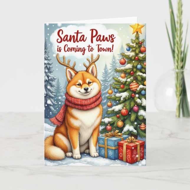 Akita Santa Paws Holiday Greeting Card (Front)