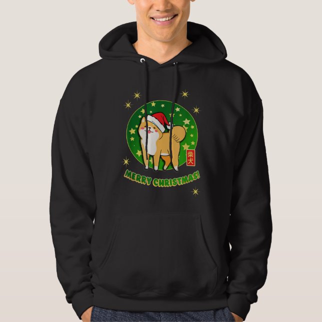 Akita Shiba Inu Christmas Santa Hat Stars Green Re Hoodie (Front)