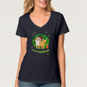 Akita Shiba Inu Christmas Santa Hat Stars Green Re T-Shirt