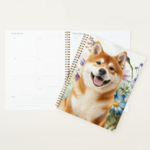 Akita Shiba Inu Dog with Blue Watercolor Flowers Planner