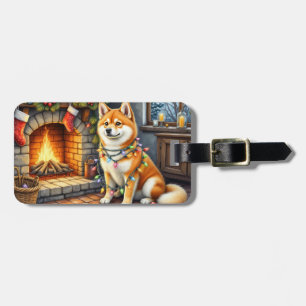 Akita Sitting by Fireplace with Christmas Lights Luggage Tag