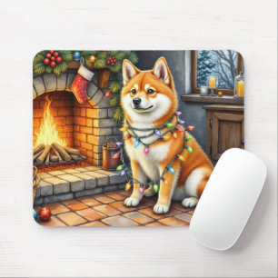 Akita Sitting by Fireplace with Christmas Lights Mouse Mat