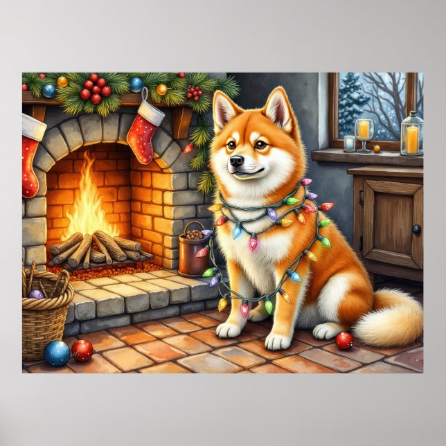 Akita Sitting by Fireplace with Christmas Lights Poster (Front)
