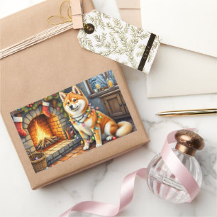 Akita Sitting by Fireplace with Christmas Lights Rectangular Sticker