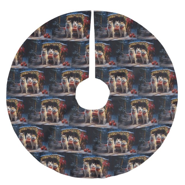 Akita Snowy Sleigh Ride Christmas Decor Brushed Polyester Tree Skirt (Front)