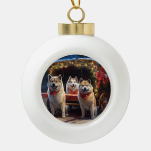 Akita Snowy Sleigh Ride Christmas Decor Ceramic Ball Christmas Ornament