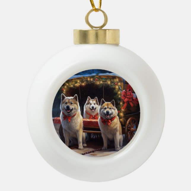 Akita Snowy Sleigh Ride Christmas Decor Ceramic Ball Christmas Ornament (Front)