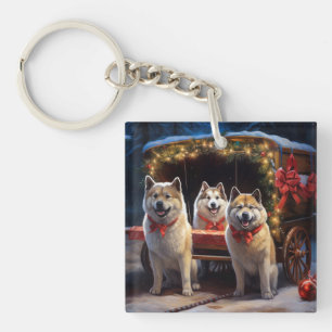 Akita Snowy Sleigh Ride Christmas Decor Key Ring