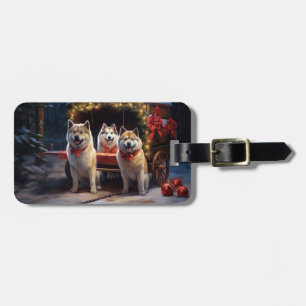 Akita Snowy Sleigh Ride Christmas Decor Luggage Tag