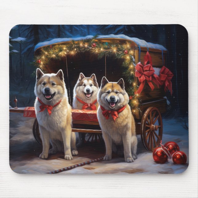 Akita Snowy Sleigh Ride Christmas Decor Mouse Mat (Front)