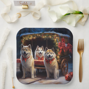 Akita Snowy Sleigh Ride Christmas Decor Paper Plate