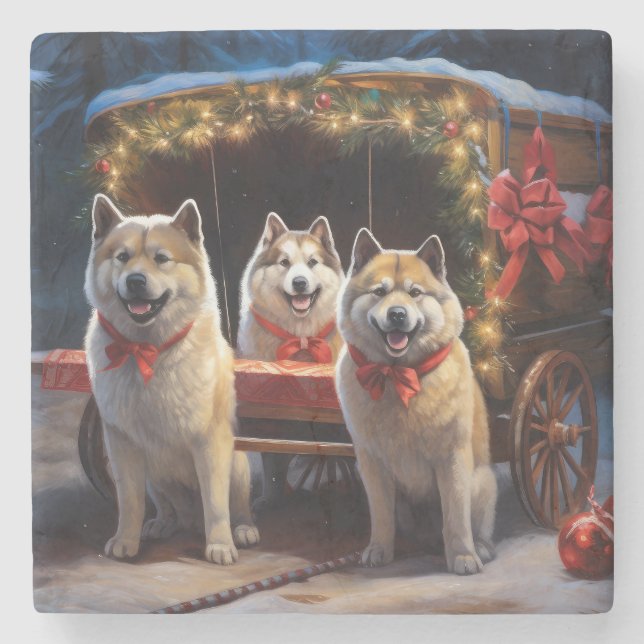 Akita Snowy Sleigh Ride Christmas Decor Stone Coaster (Front)