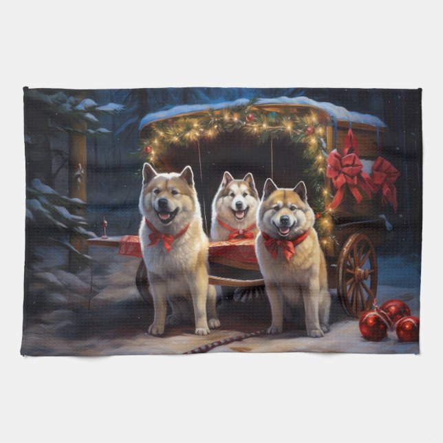Akita Snowy Sleigh Ride Christmas Decor Tea Towel (Horizontal)