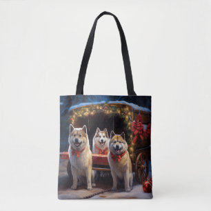 Akita Snowy Sleigh Ride Christmas Decor Tote Bag