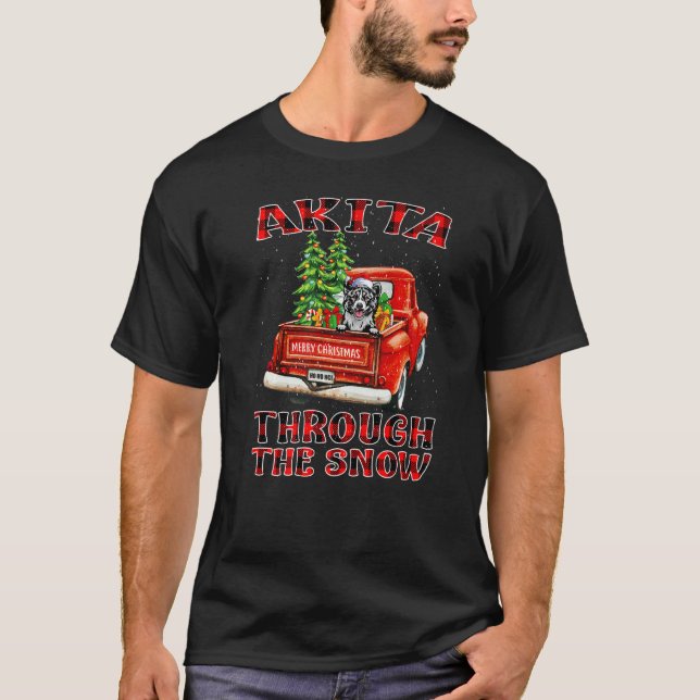 Akita Through The Snow Christmas Dog Truck Plaid R T-Shirt (Front)