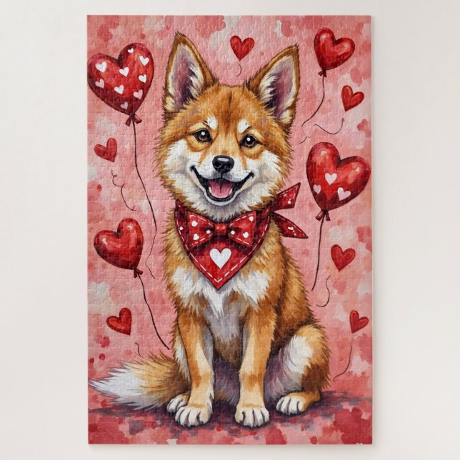 Akita Valentine Dog Art with Hearts and Balloons Jigsaw Puzzle (Vertical)