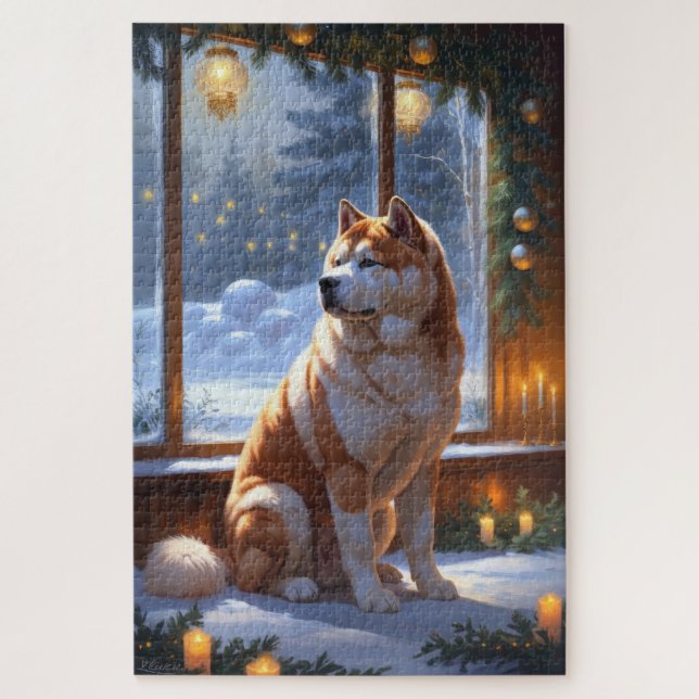 Akita With Christmas Lights Holiday Jigsaw Puzzle (Vertical)