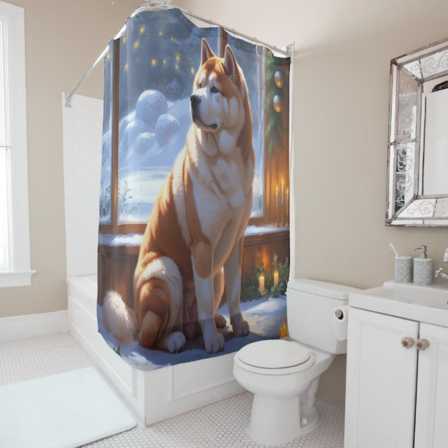 Akita With Christmas Lights Holiday Shower Curtain (In Situ)