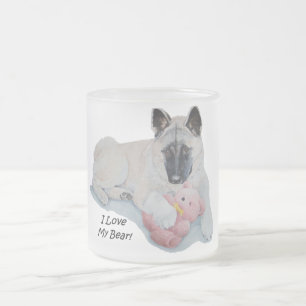 akita with pink teddy bear dog portrait art frosted glass coffee mug