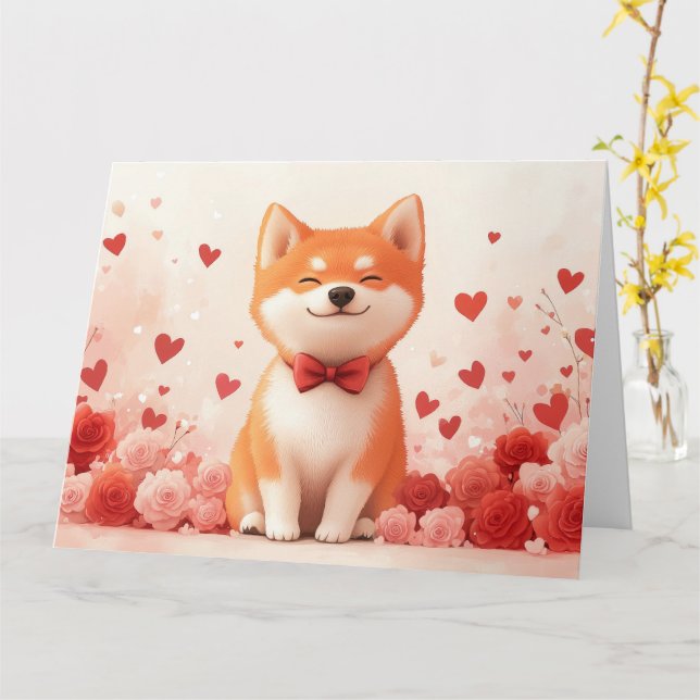 Akita with Roses - Valentine's Day  Card (Yellow Flower)
