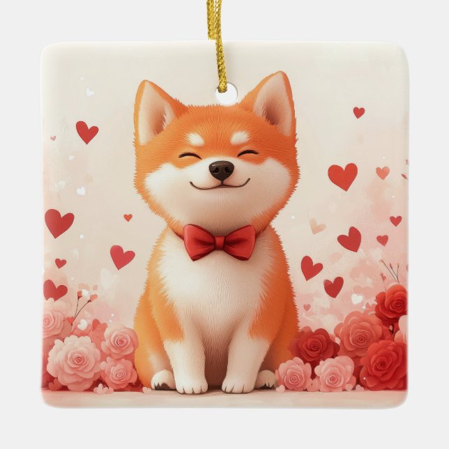 Akita with Roses - Valentine's Day  Ceramic Ornament (Front)