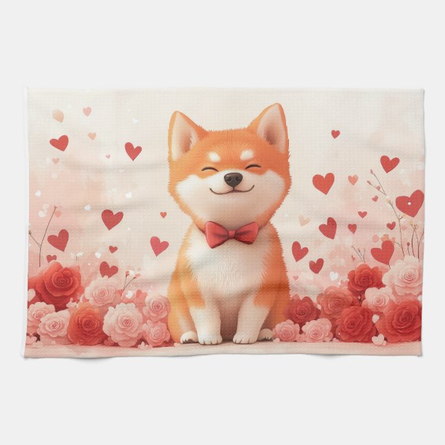 Akita with Roses - Valentine's Day  Tea Towel (Horizontal)