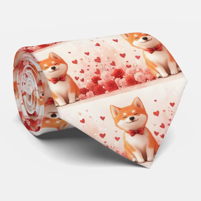 Akita with Roses - Valentine's Day  Tie (Rolled)
